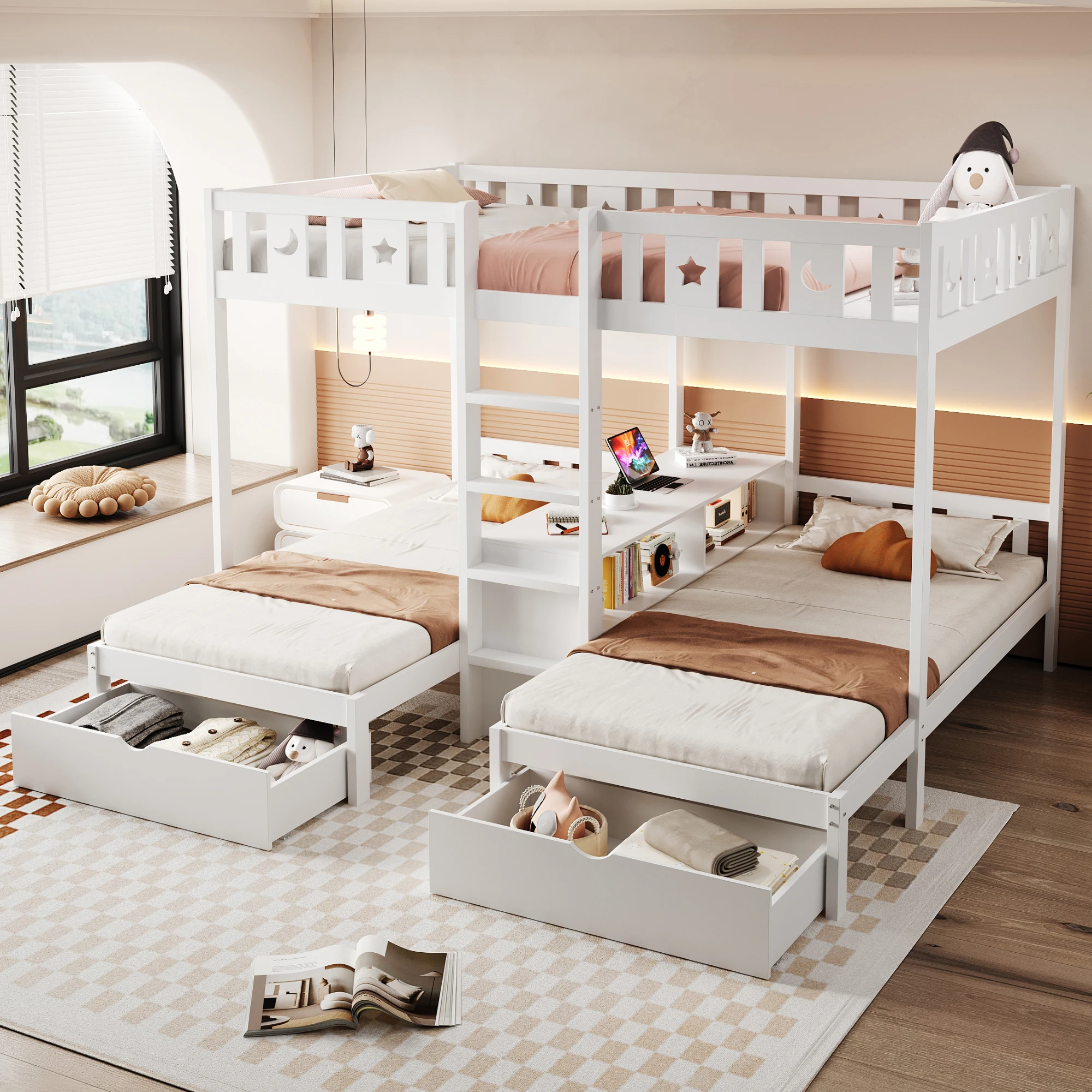 Kinder-Etagenbett 90-140x200cm, Etagenbett mit Treppe und Aufbewahrungsschrank, Multifunktionsbett, Spielbett, ohne Matratze, Weiß Image