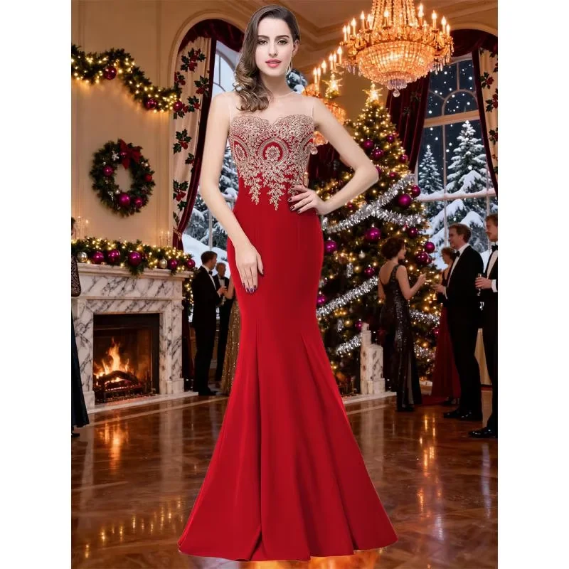 Klassische goldene Applikationen Meerjungfrau Abendkleider Illusion Schatz Spitze Frauen formelle Kleider für Weihnachten & Party CPS262 Image