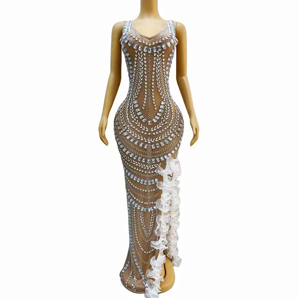 Frauen Sexy Große Strass Blume Zug Kleid Party Zeigen Sängerin Bühne Strass Kleider Leistung Foto-shooting Kleid Image