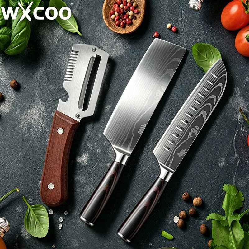 WXCOO Professionelles Küchenmesser Haushalts-Obstschneider Zuckerrohr-Kürbisschäler Edelstahl Santoku-Messer mit Holzgriff Image