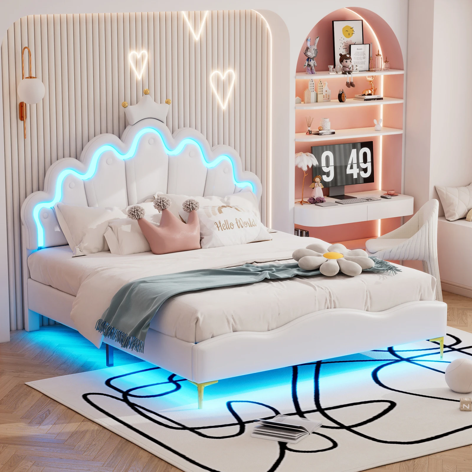 Anajqaqia 140 x 200 cm großes Kinderbett mit Kronenmotiv und LED-Lichtern, minimalistisches Doppelbett, Rahmen aus PU-Material, modernes Polsterbett, für Schlafzimmer Image