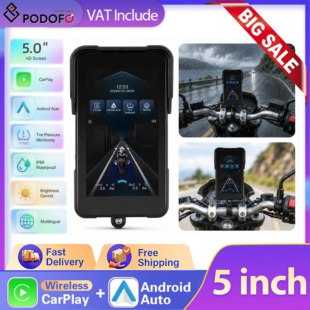 Podofo 5-Zoll Vertikaler Bildschirm Motorrad-Monitor Carplay Android Auto Smart Player IP68 Wasserdicht GPS-Navigation Motorrad-Monitor Helligkeitseinstellung BT Smart Screen Player Image
