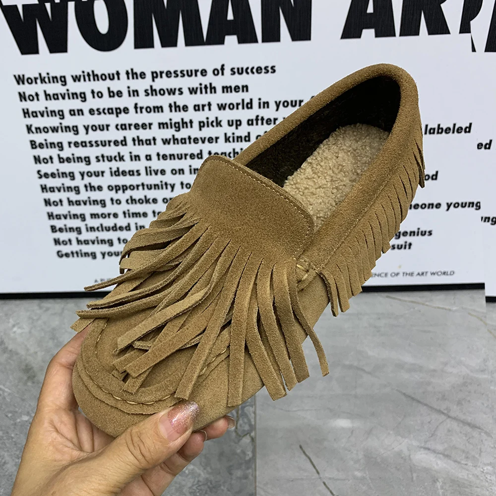 Mode Frauen Müßiggänger Plus Größe Warme Pelz Frauen Wohnungen Schuhe Antislip Casual Frauen Mullers Plüsch Leder Quasten Frauen Schuhe
