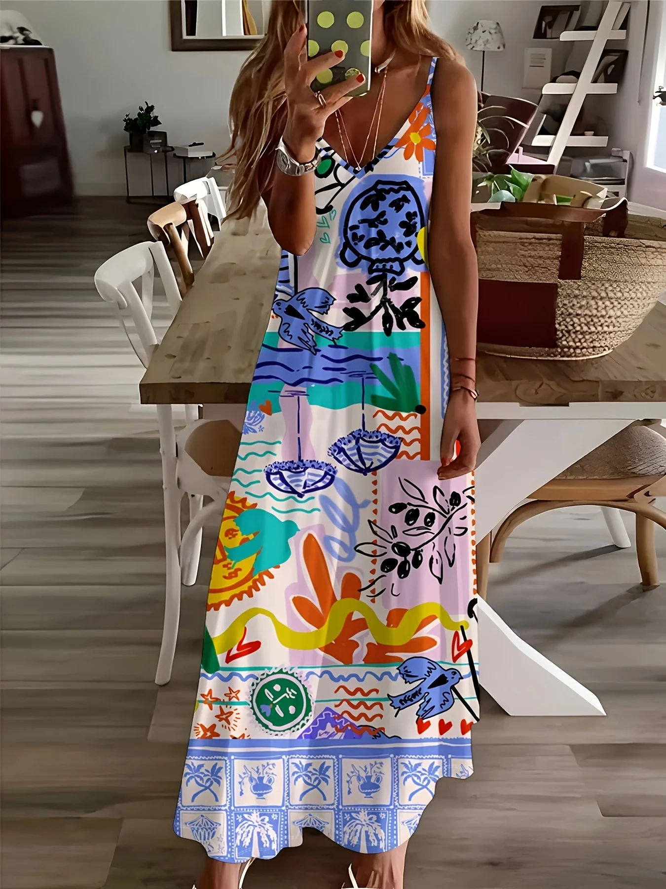 Bedrucktes Design Lässiger Stil Buntes Blumenmuster Tropisches Muster Damenkleid Image