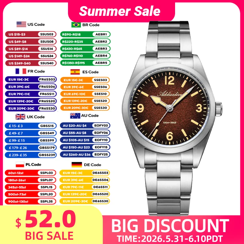 ADDIESDIVE Herrenuhr, 100 m wasserdicht, Quarz-Armbanduhr, Saphirglas, 36 mm, superleuchtender Edelstahl, Luxusuhren AD2544 Image
