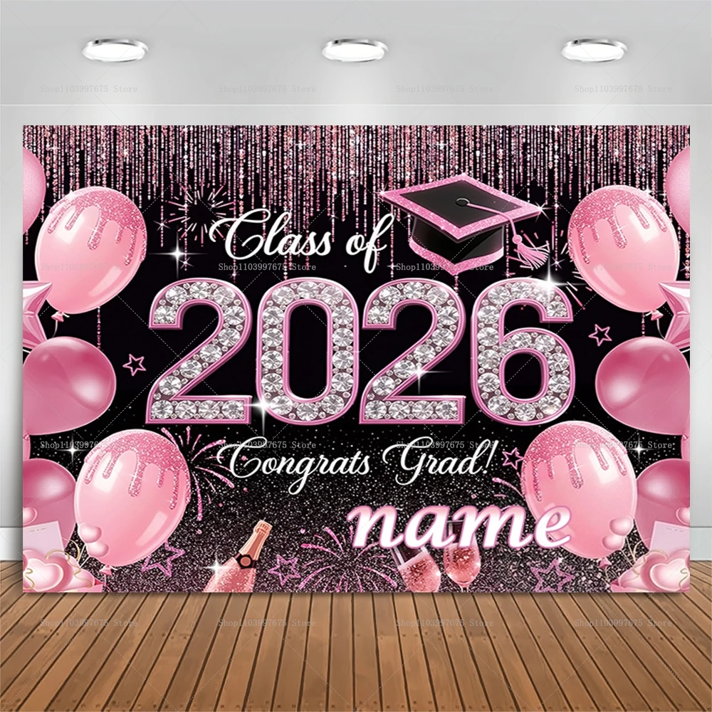 Personalisierter Hintergrund für die Abschlussfeier der Klasse 2026 mit rosa Ballons und Champagner-Feierlichkeiten, individuelles Banner für Partydekoration. Image