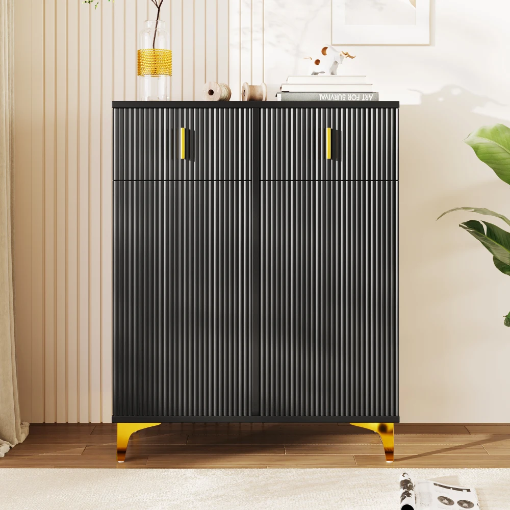 Eleganter Schuhschrank Sideboard mit Strukturpaneelen Verstellbaren Einlegeböden Vergoldeten Ornamenten und Schubladen PINGGO Image