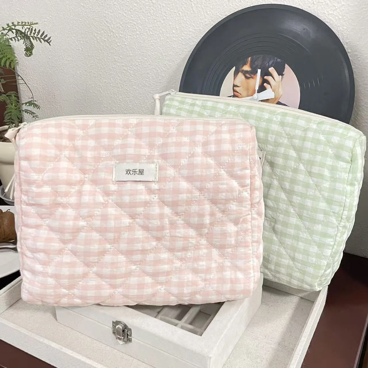Lässige Damen-Kosmetiktasche mit Großer Kapazität, Reise-Aufbewahrungstasche, Schlichte Karierte Damen-Clutch, Rosa Canvas-Handtasche für Frauen Image