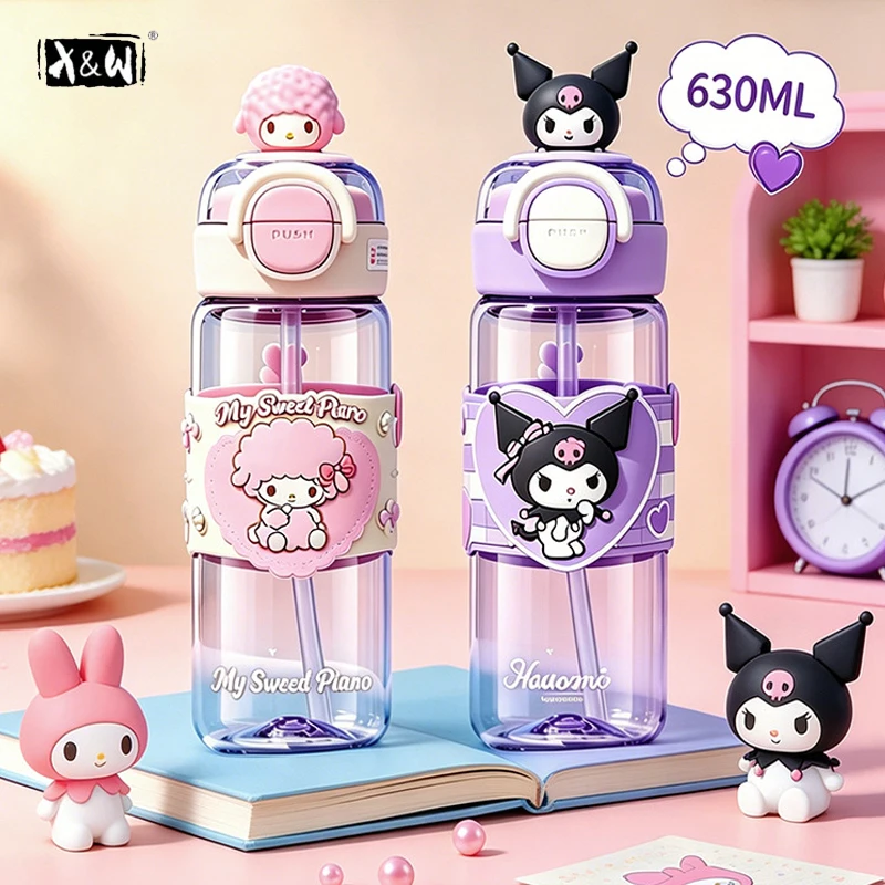 X&W Sanrio Kinder-Trinkflasche aus Kunststoff, 630 ml, große Kapazität, BPA-frei, Strohhalmbecher mit tragbarem Griff, niedlicher Trinkbecher für Mädchen Image