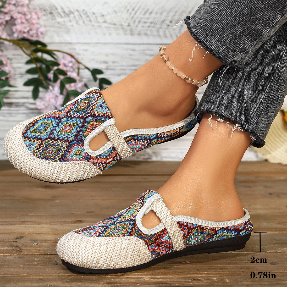 Damen-Hausschuhe im Ethno-Stil, modische Damen-Schuhe, Keilabsatz-Stoffschuhe mit weichen Sohlen, Slip-on-Freizeitschuhe für Damen