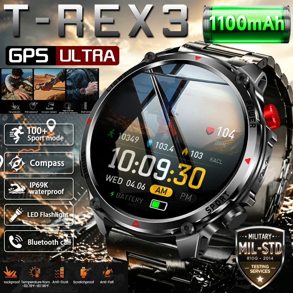 2026 Neue GPS-Sportuhr 1100mAh Smartwatch für Herren Outdoor-Kompass IP68 Wasserdicht Fitness-Tracker Bluetooth-Anruf Militär-Smartwatch Image