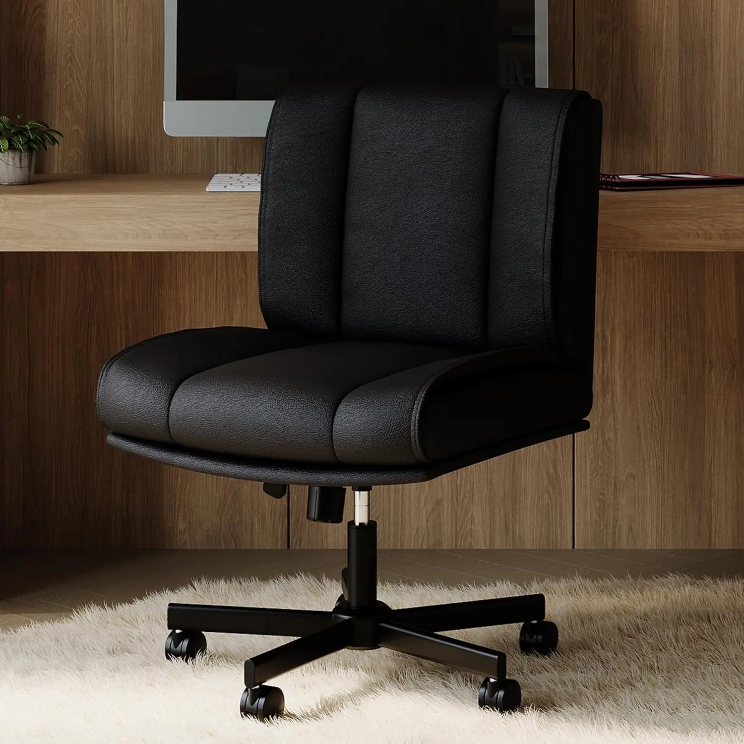 Armlehnenloser Bürostuhl mit 360-Grad-Drehrollen: Dick gepolsterter Sitz, ergonomischer PU-Leder-Computerstuhl, moderner Schminkstuhl für Home-Office, Schlafzimmer & Arbeitszimmer, komfortable Sitzmöbel für den Innenbereich, schwarz