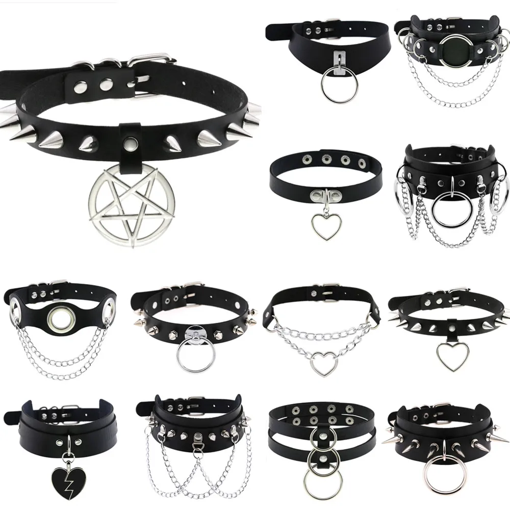 DIEZI Harajuku Schwarz PU Leder Halsband Halskette Für Frauen Männer Punk Gothic Runde Herz Stern Aussage Anhänger Quaste Halskette Image