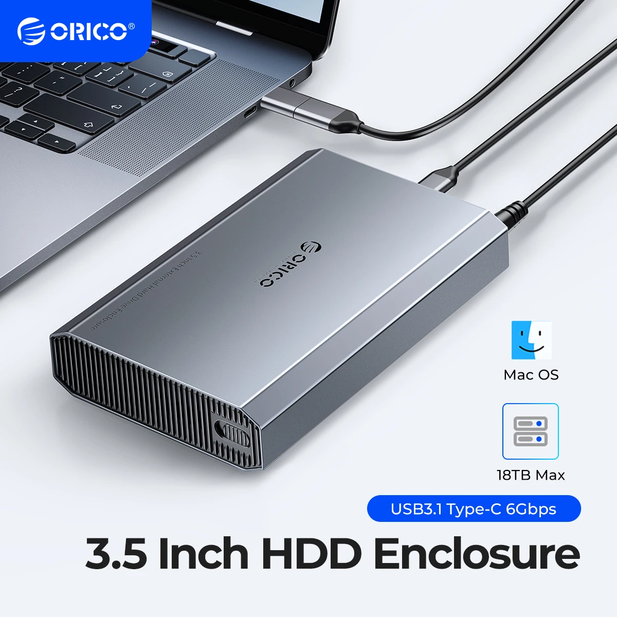 ORICO Aluminium 3,5-Zoll-Festplattengehäuse mit USB 3.2 Gen 2 5/6 Gbit/s Übertragungsgeschwindigkeit für 3,5/2,5 Zoll SATA HDD SSD bis zu 20 TB Image