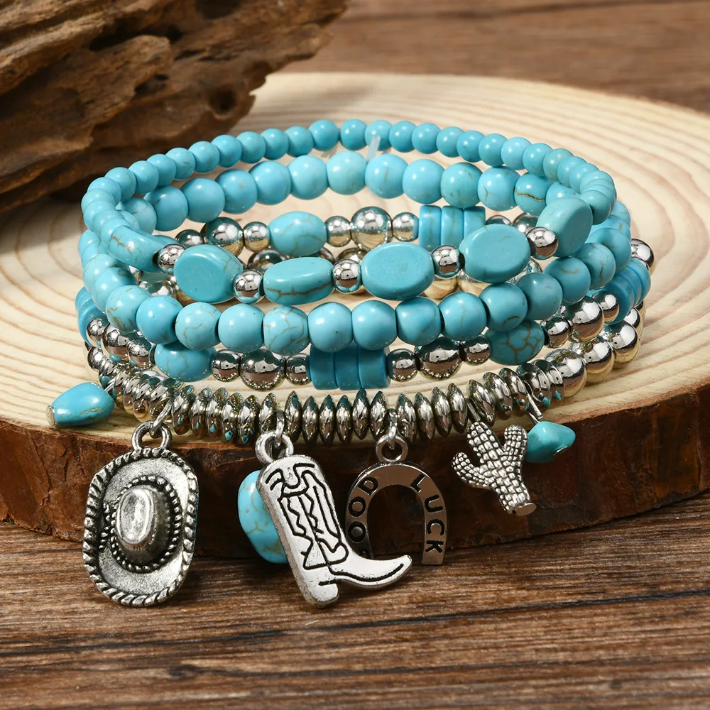 Mode Böhmen Türkis Perlen Armbänder Für Männer Gothic Punk Kaktus Retro Stein Perlen Armbänder Zubehör Geschenke