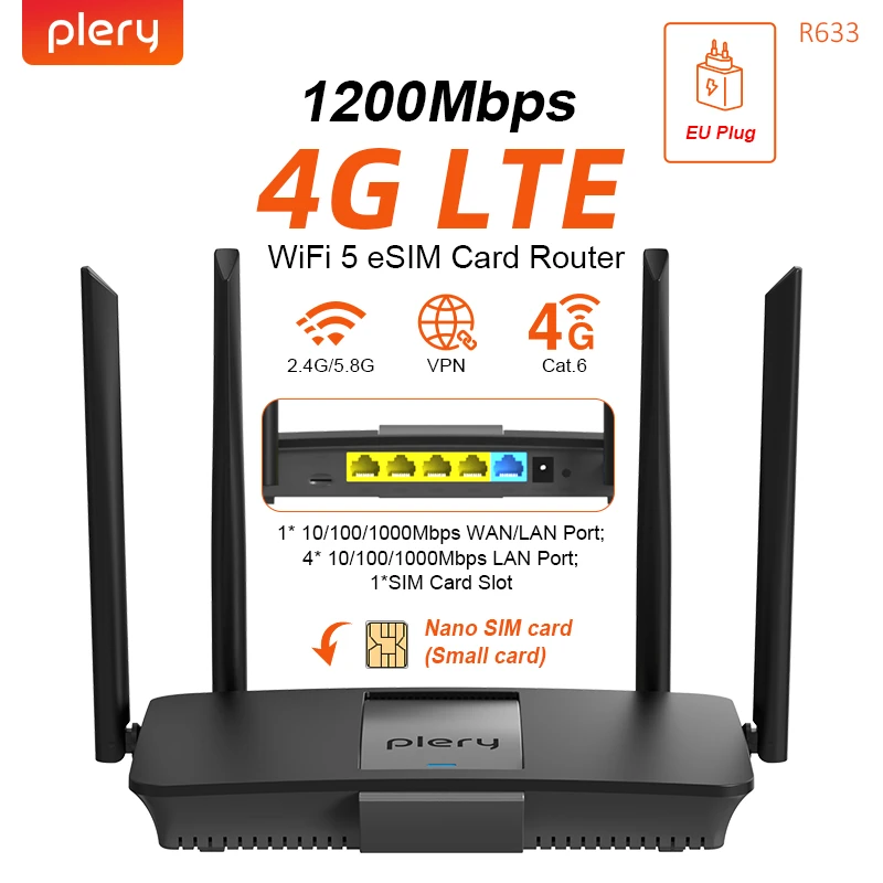 PLERY WIFI6 1200Mbps 4G LTE Router 2.4G/5.8G WLAN-Router 2*LAN-Ports 4G Router Nano-SIM-Karte WPA3-Router 5G-SIM DC/Type-C-Stromversorgung Image