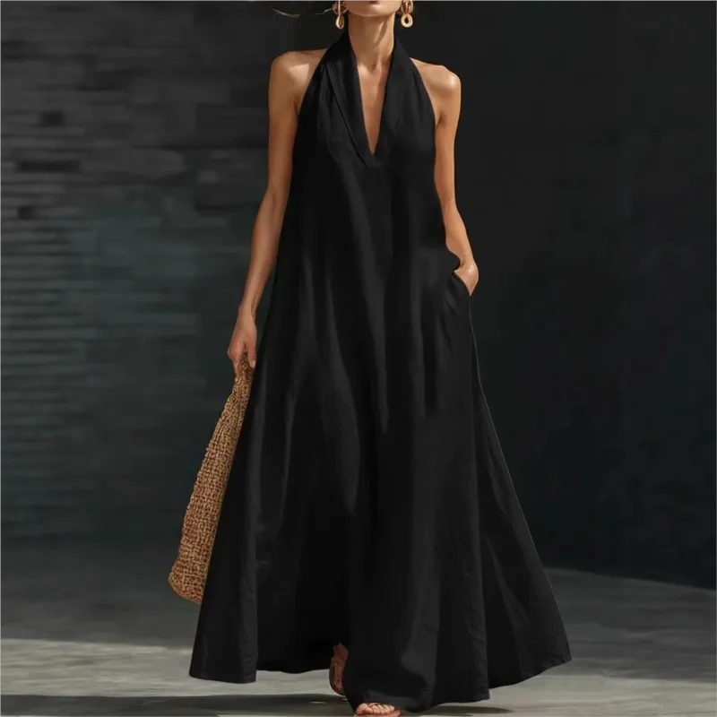 V-Ausschnitt Kleid im Neckholder-Stil – Neu 2026 Sommer Damen Einfaches Modisches Lässiges Einfarbiges Kleid mit Weitem Rock, Lockeres A-Linien-Kleid Image