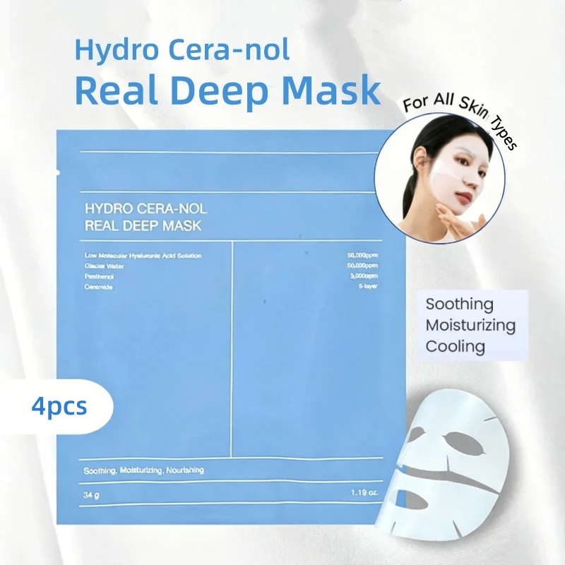 Koreanische Hautpflege Hydro Cera-nol Real Deep Maske, Feuchtigkeitsspendende Übernacht-Hydrogel-Gesichtsmaske 4 Stück, Sonnenbrand-Linderung, Beruhigend, Feuchtigkeitsspendend