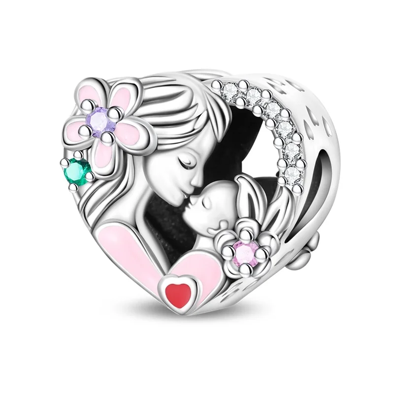 925 Sterling Silber Charms Perle CZ Zirkon Warmes Eltern-Kind Herzförmiges Anhänger-Element Passend für Original-Armband DIY Damen Schmuck Geschenk