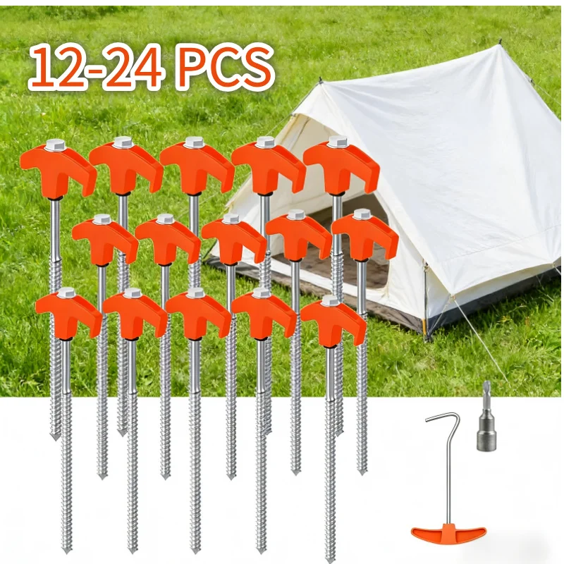 12/16/24Pcs Schraubheringe Zelt-Heringe aus Stahl Camping Zeltheringe Set Heringe Erdnägel Stabil Zelt Erdanker 25CM Mit Camping Heringe Zieher 13MM Sechskantbohrer für harten Boden Wald Gras Image