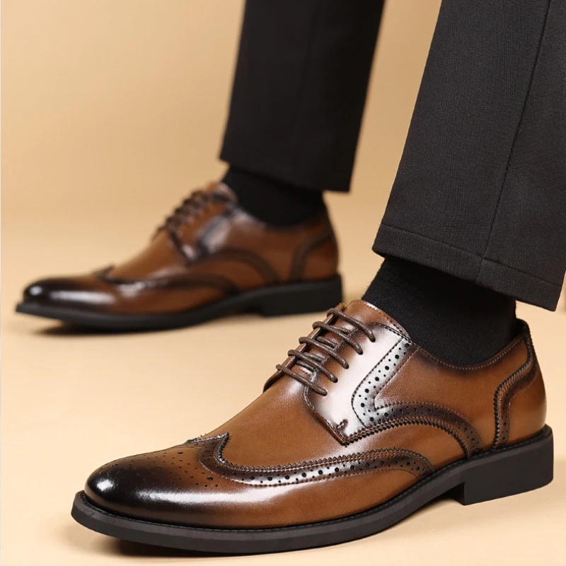 Spitze Vintage-Lederschuhe mit Farbverlauf, Wingtip-Brogue Oxford Schnürschuhe für Formelle Anlässe, Geschäft, Bräutigam, Hochzeit, Büro und Arbeit