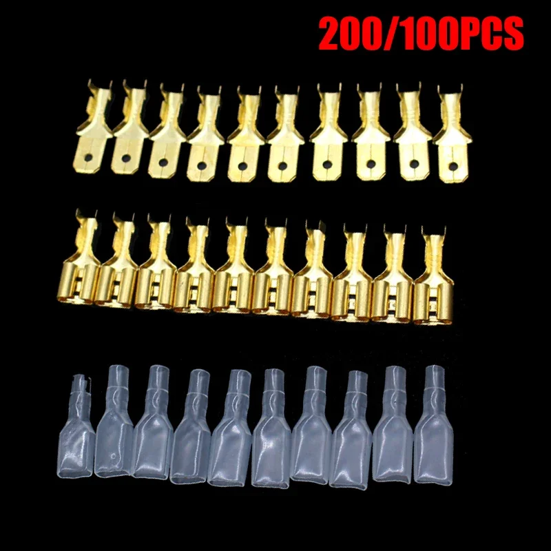 100 Pz/lotto 2.8/4.8/6.3mm Femmina Maschio Terminale A Crimpare Connettore del Cavo Ottone Oro/Argento Altoparlante Per Auto Cavo Elettrico Terminali Kit