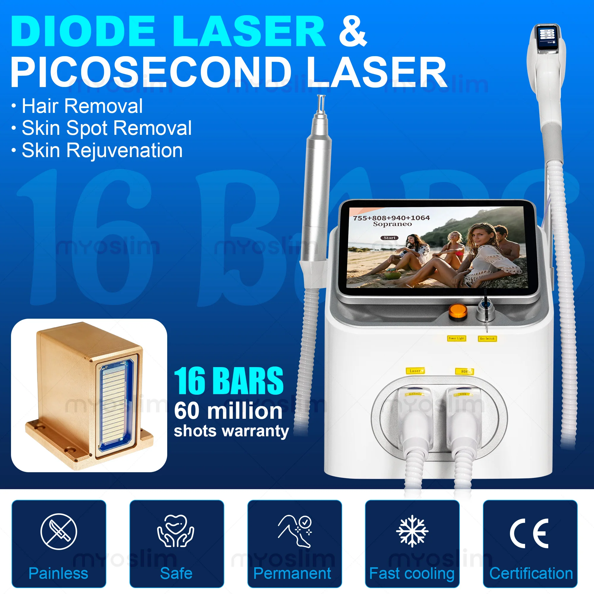 Laser a Diodi 2 IN 1 Professionale 5000W 10 Barre 4 Lunghezze d'Onda 808 per Rimozione Permanente Indolore dei Peli e Macchina per Rimozione Tatuaggi con Laser Picosecondo