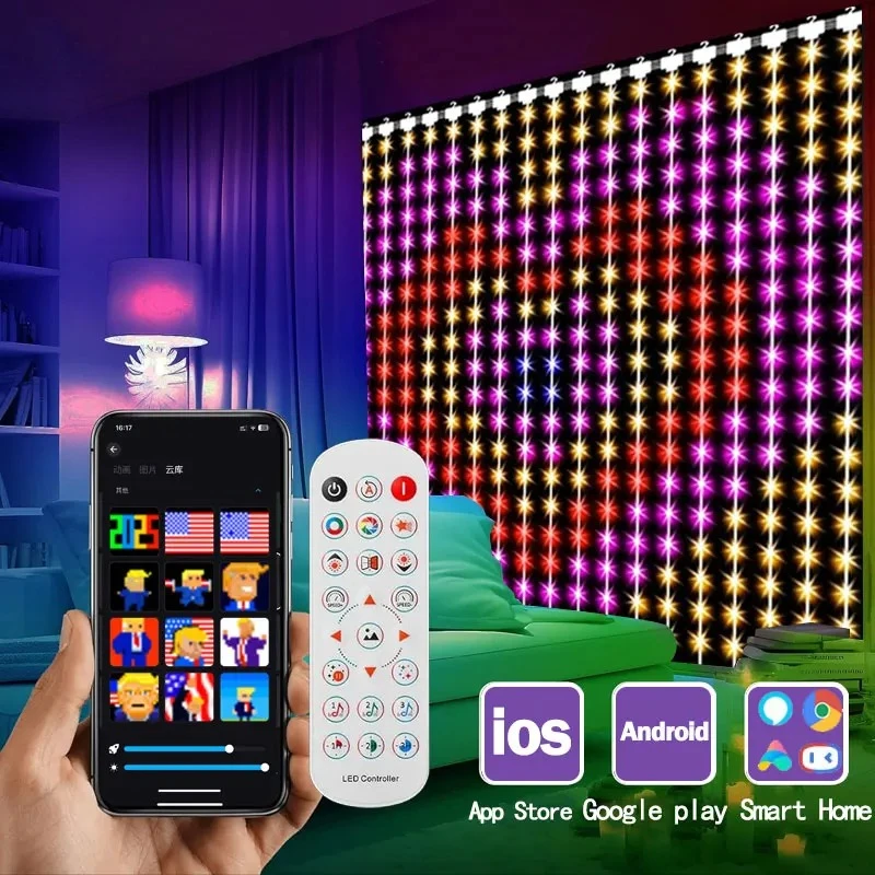 Luci a tenda intelligenti da 400 LED con controllo tramite app, sincronizzazione musicale, luci natalizie a tenda per esterni, luci fatate.