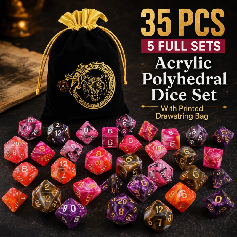 DND 5 Sets 35-teilige Polyeder-Würfel mit kreativem Muster, satiniertem Samtbeutel für DND RPG MTG, tolles Geschenk für Halloween. Image