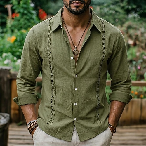 Herren Hemd Leinenhemd Guayabera Hemd Sommerhemd Strandhemd Einfarbig Lässig Urlaub Blau Schwarz Weiß Marineblau Langarm Revers Frühling Sommer Sommer Bekleidung Patchwork Image