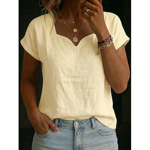 Damen T Shirt T-Shirt Patchwork Einfarbig Mode Lässig Kurzarm pfirsichförmig Normale Oberteile Lässig Täglich Urlaubskleidung Hellblau Schwarz Weiß Gelb Rosa Sommer Frühling Image