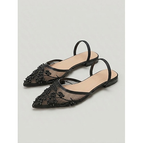 Weiße Damen-Sandalen aus Mesh – elegante, blumengestickte Pantoletten mit spitzer Zehenpartie und niedrigem Absatz für Abendveranstaltungen und Hochzeiten Luxusurlaub im Resort Image