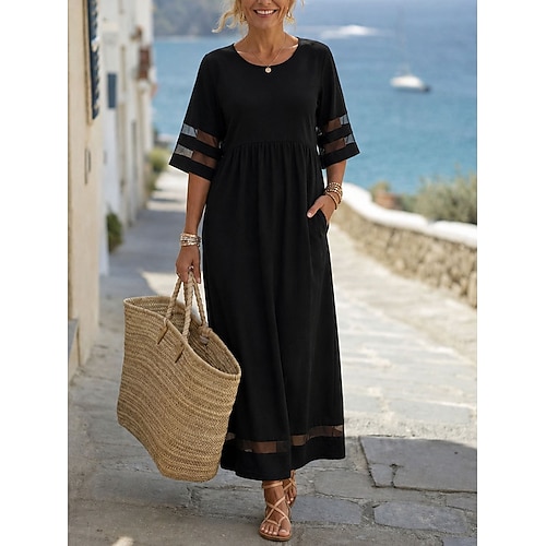 Damen Maxikleid Sommerkleid Freizeitkleid Urlaub Lässig Boho Strand Party Date Normale Passform Einfach Halbarm Rundhalsausschnitt Schwarz Rote Grün Sommer Frühling Image