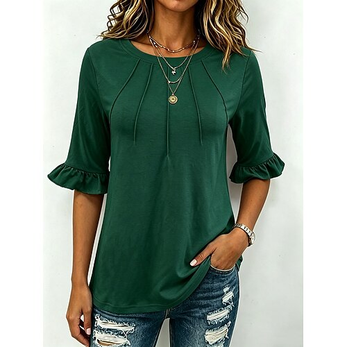 Damen T Shirt T-Shirt Rüsche Einfarbig Elegant Stilvoll Halbarm Rundhalsausschnitt Normale Oberteile Lässig Täglich Schwarz Weiß Rosa Dunkelgrün Sommer Frühling Image