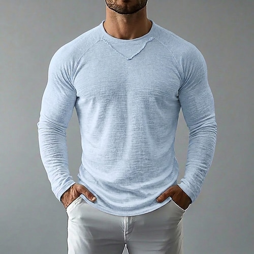 Herren Leinen-T-Shirt Langarm Rundhalsausschnitt Frühling Sommer Sommer Frühling Einfarbig Einfach Vintage Böhmische Lässig Durchsichtig Rohkante Lässig Urlaub Straße Schwarz Weiß Hellblau Top Image