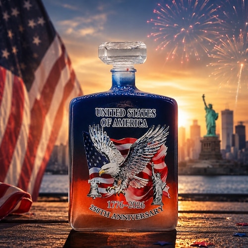 Whiskyflasche zum 250-jährigen Jubiläum der USA Gläser-Set, patriotisches amerikanisches Dekanter-Geschenkset mit Adlerflaggen-Design, limitierte Bourbon-Scotch-Flasche und Whiskyglas (1776–2026) für Image
