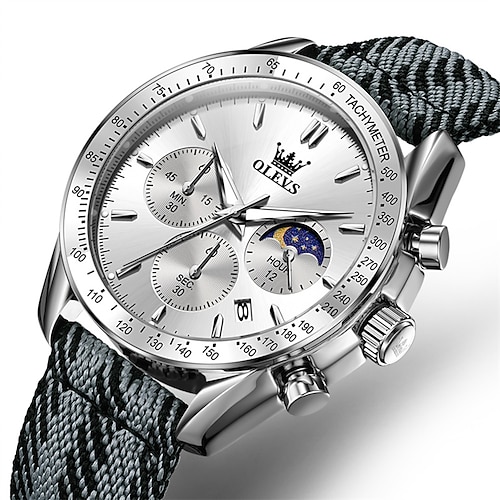 Olevs Herren-Chronograph mit Mondphasenanzeige, Datumsanzeige, wasserdicht, mit Leuchtzeigern am gewebten Armband, Quarzwerk – die perfekte Armbanduhr für Herren, modisch, sportlich, elegant und ein Image