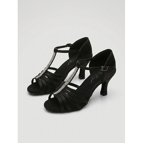 Braune Damen-Lateintanzschuhe mit Strasssteinen und T-Riemen – elegante Salsa-Schuhe mit offener Zehenpartie und Absatz Tangosandalen mit Kunstwildledersohle für Tanzübungen und Gesellschaftstänze Image
