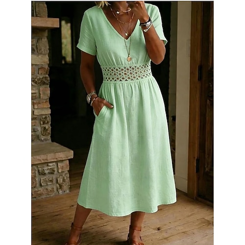 Damen Midikleid Sommerkleid Freizeitkleid Urlaub Lässig Boho Strand Party Date Normale Passform Einfach Kurzarm V Ausschnitt Blau Weiß Grün Sommer Frühling Image