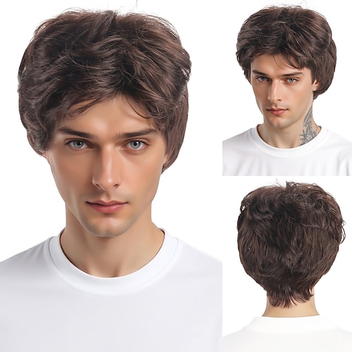 Synthetische Perücken Lockig Spiral Curl Kurzer Bob Asymmetrisch Mit Pony Maschinell hergestellt Perücke 10 Zoll Dunkelbraun Synthetische Haare Herren Klassisch Bequem Exquisit Dunkelbraun Image