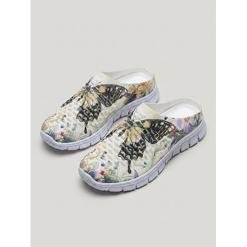 Beige Damen-Sneaker mit Schmetterlingsmuster zum Hineinschlüpfen – leichte, atmungsaktive Freizeitschuhe mit floralem Muster für Reisen und Spaziergänge Alltagskomfort Image