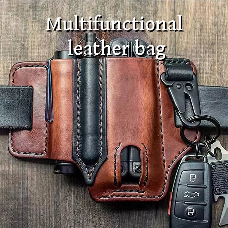 Leather Pouch Multitool Sheath And Flashlight Holder For Belt brown