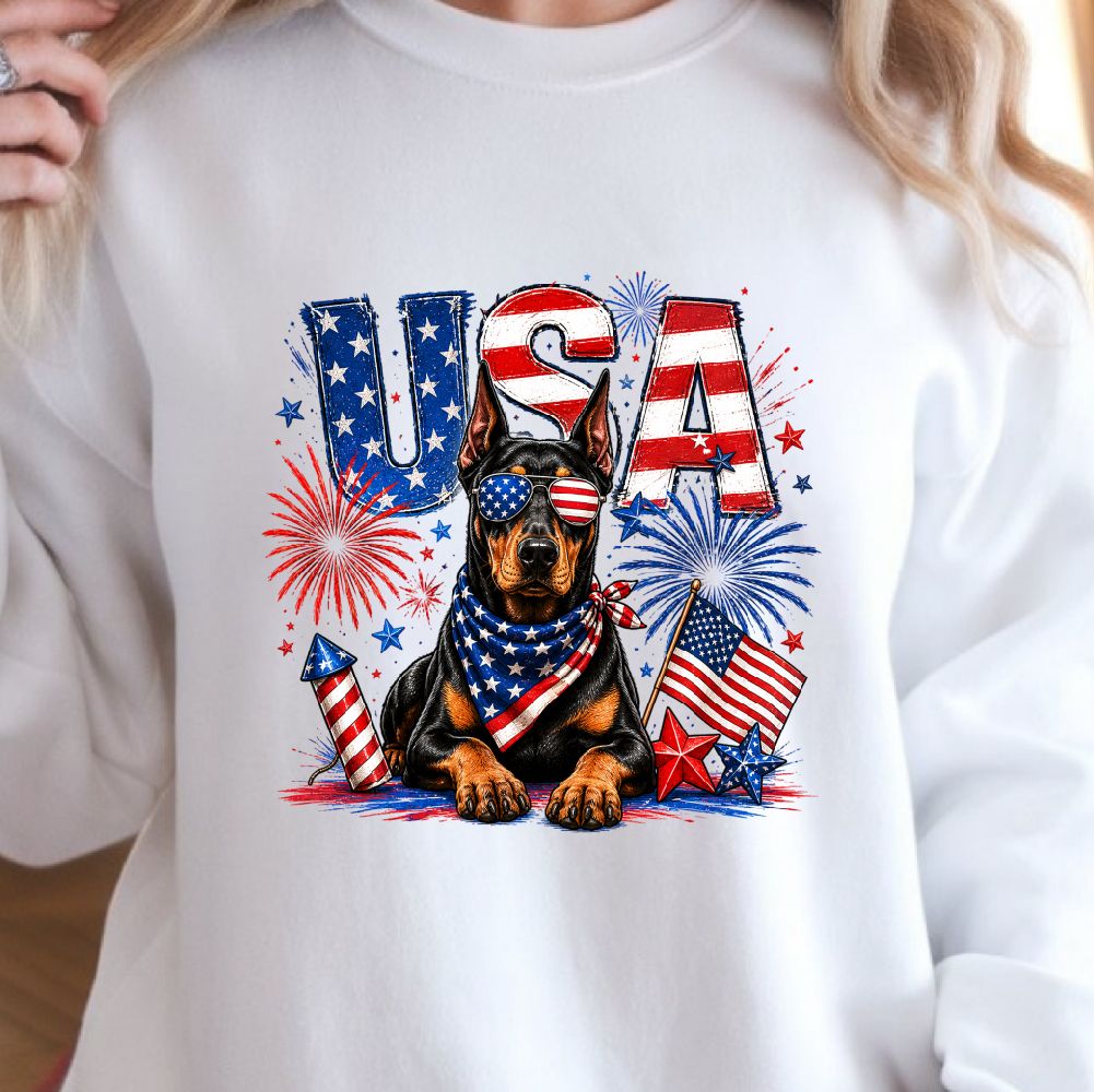 Doberman 4th Of July Patriotic Dog Clipart Independence Day USA Red White Blue T Shirt Design green l sweatshirt