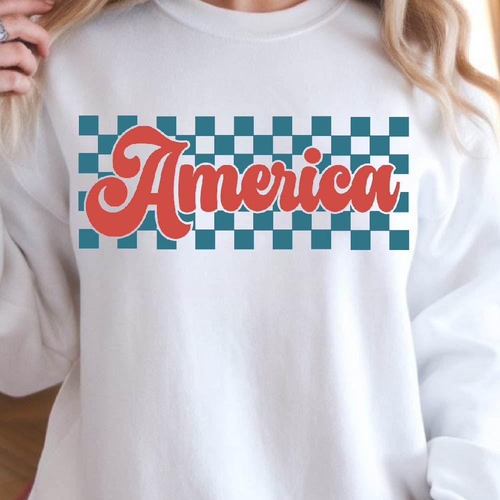 Retro Checkered America 4th Of July Graphic Tee black l t Shirt