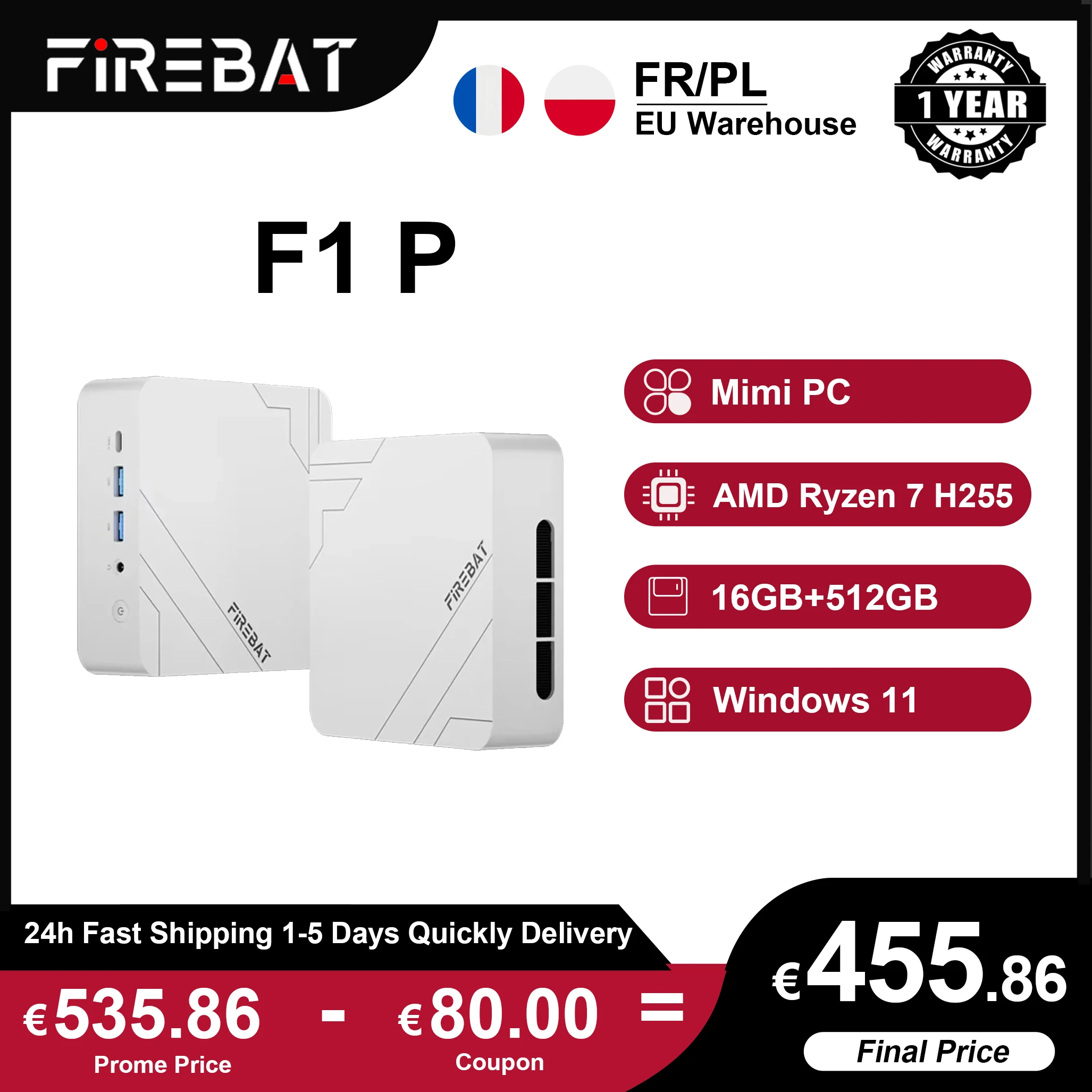 Firebat F1 P Mini-PC AMD Ryzen 7 H 255 16 GB DDR5 5600 MHz 512 GB SSD Win11 Pro Wi-Fi 6 BT5.2 USB4.0 Gaming-Desktop-Mini-Computer