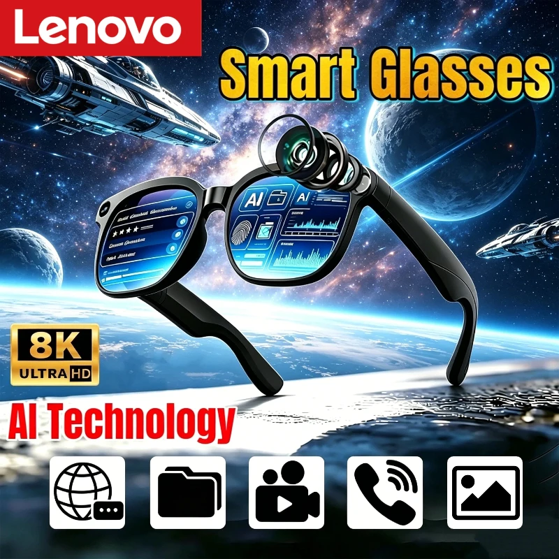 Lenovo KI-Smart-Brille 8K Touch-Steuerung Fotokamera Aufnahme Sprachassistent Übersetzer Musik Kabellose Bluetooth-Sonnenbrille Image