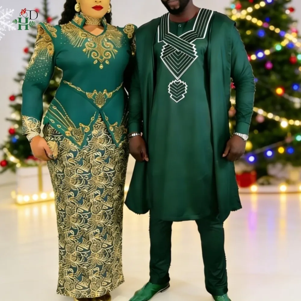 Afrikanische Kleidung Plus Größe Für Männer Elegante Party Hochzeit Thobe Stickerei Grünes Kleid Paar Weihnachten Kleid Abendkleid 2025