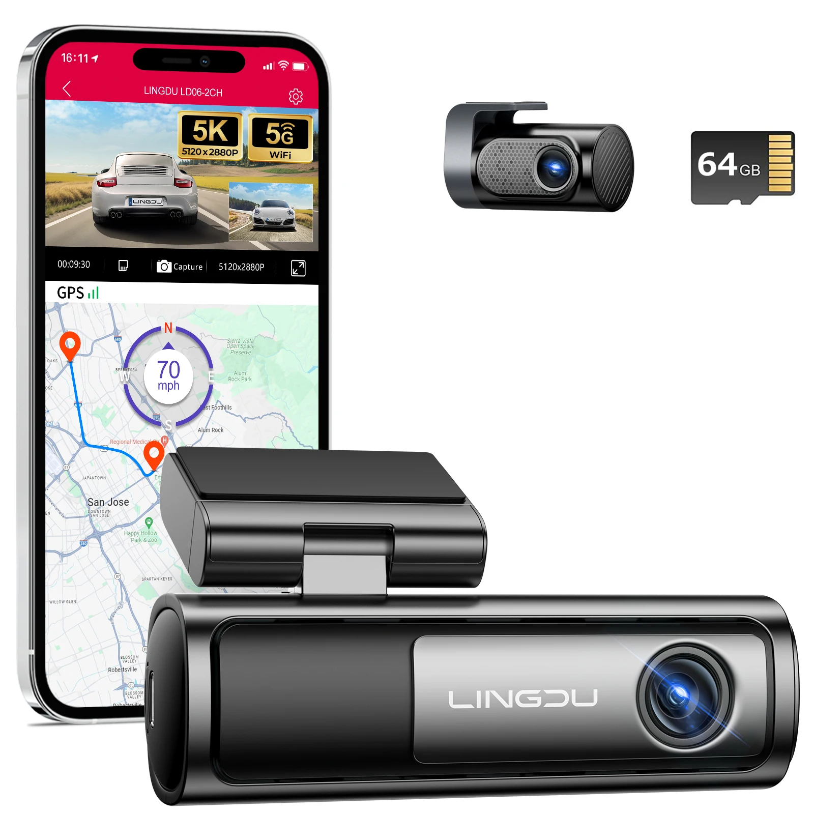 LINGDU 4K+2K Dashcam Vorne und Hinten Autokamera 5K Frontkamera 5.8G WiFi GPS Nachtsicht Parkmodus Sprachsteuerung LD06 Image