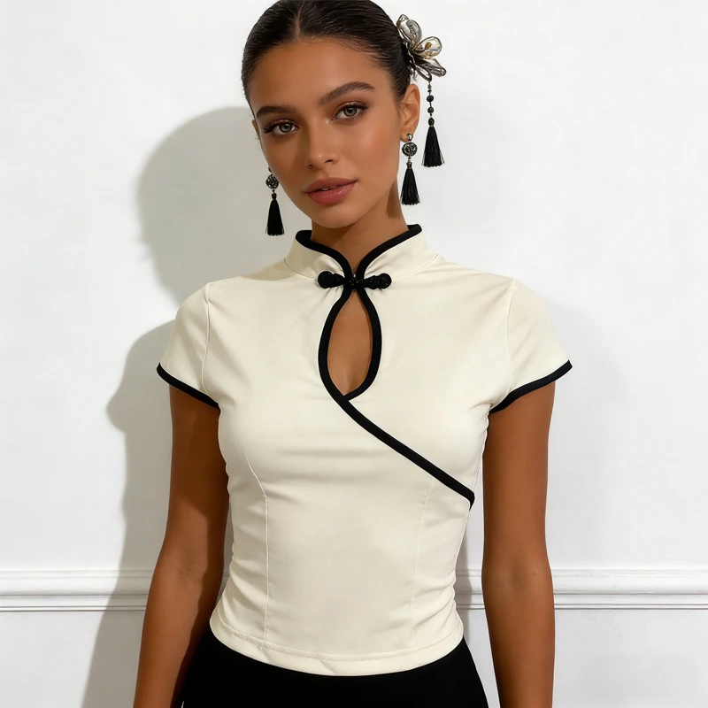 Damen-Bluse im chinesischen Stil, beige, Cheongsam-Bluse, Vintage-Stil, Stehkragen, kurze Ärmel, bauchfreies Oberteil mit asymmetrischem Froschknopf und Schlüsselloch Image