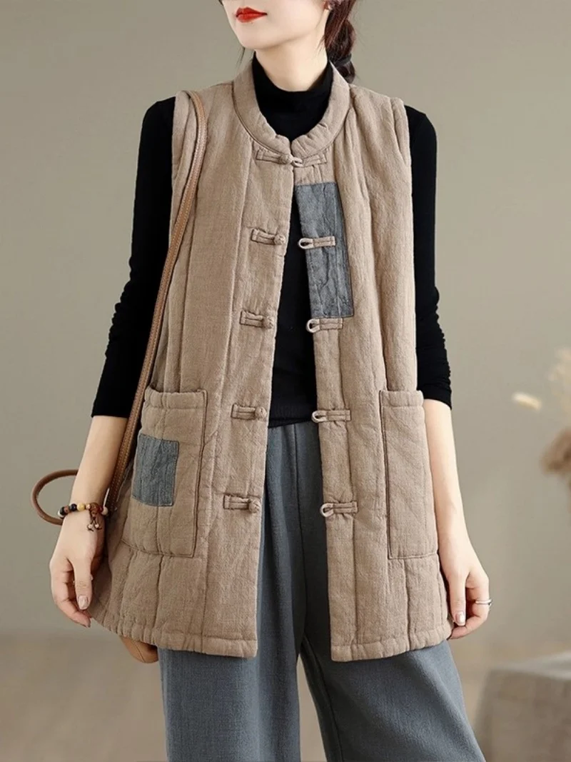 Weste aus Baumwolle und Leinen, 2025, Herbst und Winter, neue Damenbekleidung im Zen-Stil, lockere, warme, ärmellose, gesteppte Jacke, W1022 Image